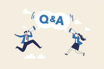 QA, question and answer session, FAQ or frequently asked questions, information to solve problem concept, businessman and woman shouting on megaphone as Q and A on speech bubble.