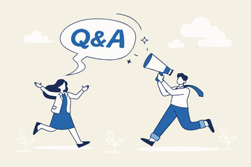 Obraz premium QA, question and answer session, FAQ or frequently asked questions, information to solve problem concept, businessman and woman shouting on megaphone as Q and A on speech bubble.