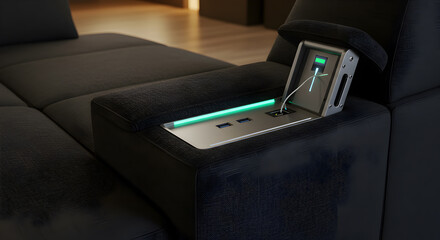Modern Lounge Sofa with Flip-Top Armrest Revealing USB Charging Ports