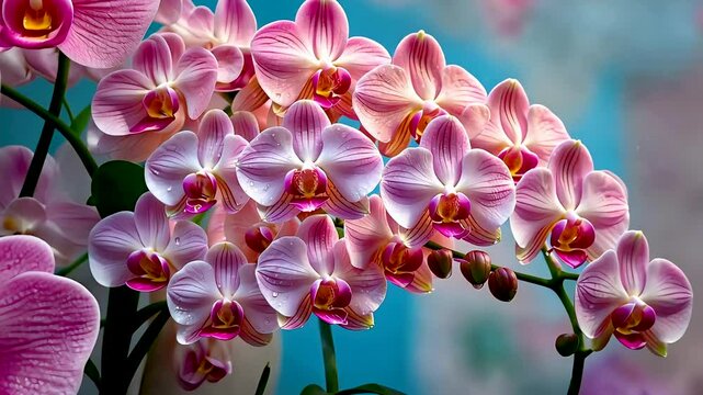 Close-up of blooming pink and white orchid flowers in lush botanical garden