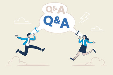 QA, question and answer session, FAQ or frequently asked questions, information to solve problem concept, businessman and woman shouting on megaphone as Q and A on speech bubble.
