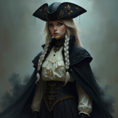Elegant blonde woman in pirate attire with detailed costume and a dramatic fog backdrop
