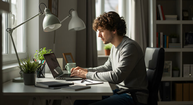A stylish home office setup with a freelancer working on a laptop, a cozy atmosphere with natural lighting and productivity tools.