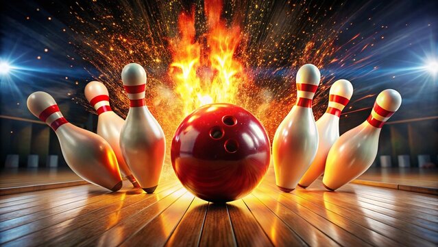 Red bowling ball crashes into pins with fiery explosion in a strike. Fast moving ball hitting skittles on alley floor. Concept for sport success and recreation