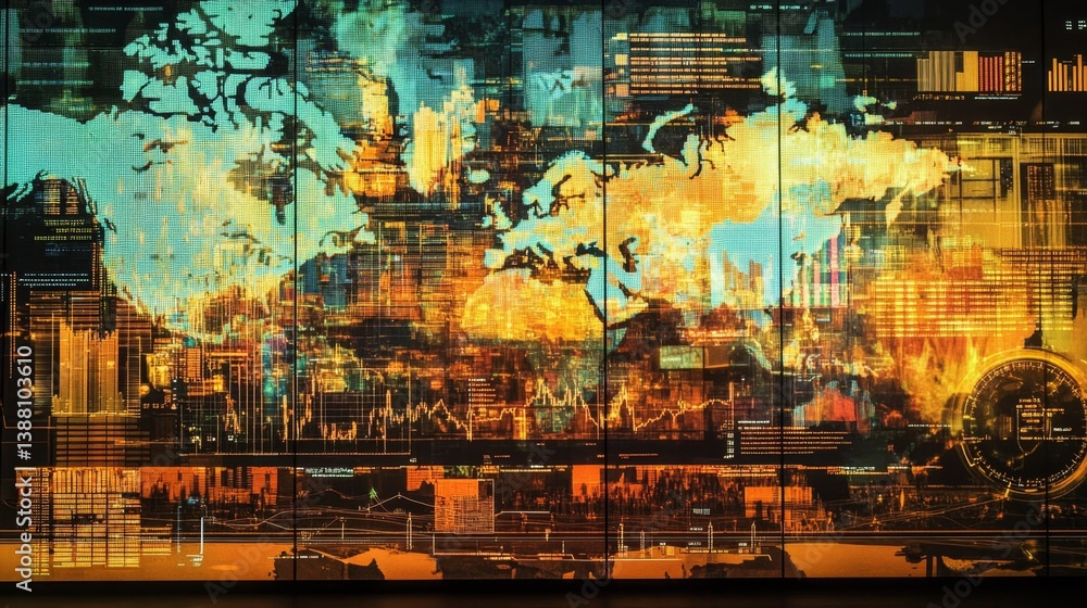 Poster global data insights digital visualization technology hub urban environment aerial view big data ana