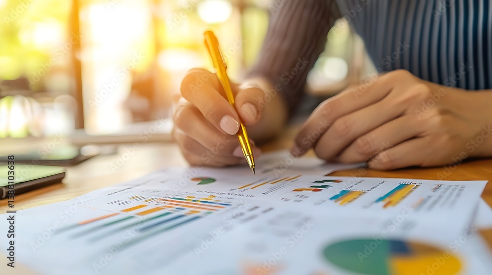 Aufkleber a close-up of hands analyzing a financial report with charts and graphs