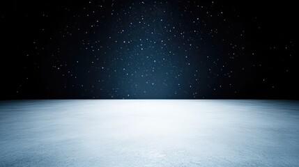 A snowy expanse dominates the image, appearing smooth and subtly textured. Above, a dark night sky is speckled with numerous small, white lights, simulating falling snow. The scene is minimalistic, w