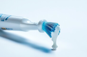 Close-up View of a Toothbrush Head and Toothpaste Dispenser, Highlighting a Stream of Squeezed Toothpaste