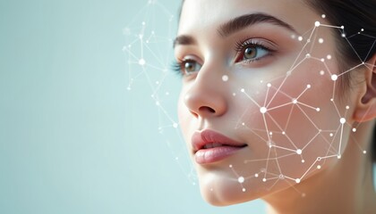 Young woman face with digital skin analysis overlay. Modern dermatology clinic concept with futuristic technology. Skin care, health, beauty, cosmetology. Precision diagnostic.