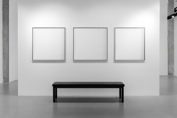 Modern Empty Gallery Space Featuring Three Blank Picture Frames and a Simple Dark Bench