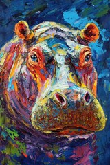 A Colorful Textured Oil Painting Portrait of a Hippopotamus