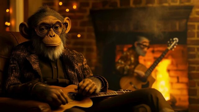 On a comfortable leather armchair next to the fireplace, a cute monkey is peacefully playing the guitar.