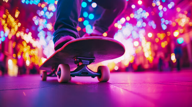 Skateboard Night Ride: An urban exploration with luminescent street lights.