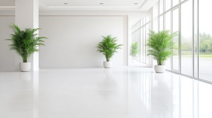 Obraz premium Three potted palms stand in a minimalist white room. Large windows offer a view of greenery. The bright, high-resolution image features clean lines and a calm mood. White walls and floors create a s