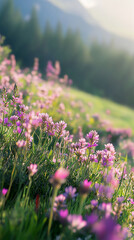 Obraz premium Close-up of pink wildflowers in a field, bathed in sunlight, showcasing a vibrant and serene natural scene, representing peace, tranquility, and the beauty of nature