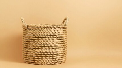 Fototapeta premium Twisted rope basket on light orange background, minimal and natural look