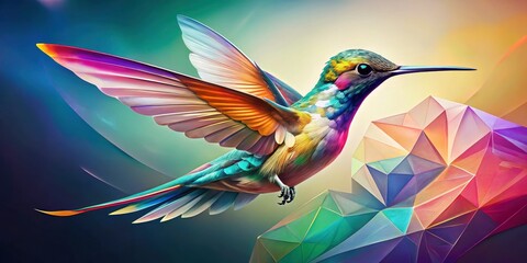 Obraz premium Abstract Geometric Hummingbird Art, High Depth of Field, Colorful Bird, Digital Painting, Modern Art, Nature Inspired, Wildlife Art, Geometric Shapes, Vivid Colors, Detailed Hummingbird