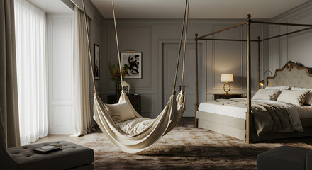 Elegant Bedroom With Canopy Bed and Hanging Swing Chair Interior Design
