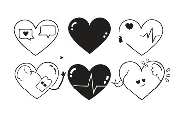 Broken and Beating Heart Icon Set – Black and White Vector Symbols of Love, Heartbreak, Pulse, and Health for Apps, Tattoos, and Emotional Design.