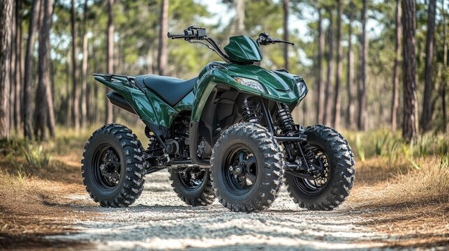 A green ATV is parked on a dirt road in a forest. The ATV is large and has four tires, making it suitable for off-road adventures. Concept of adventure and excitement