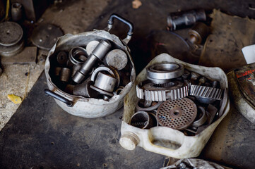 Old car parts.The mechanic collects old parts from customers.