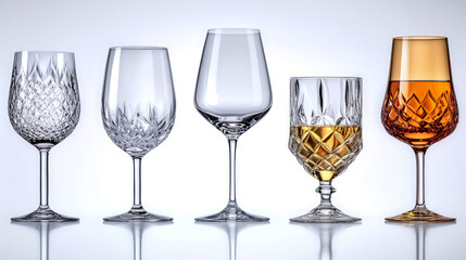 Crystal Glassware Collection: Elegant drinkware featuring intricate facets and sparkling contents for sophisticated lifestyle or celebratory moments.