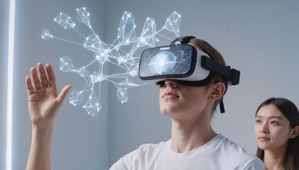 Man in VR Headset Interacting with Digital Interface