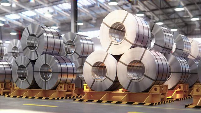 Rolled steel, metal rolls, Steel sheets rolled up into rolls stacked in warehouse. 3d