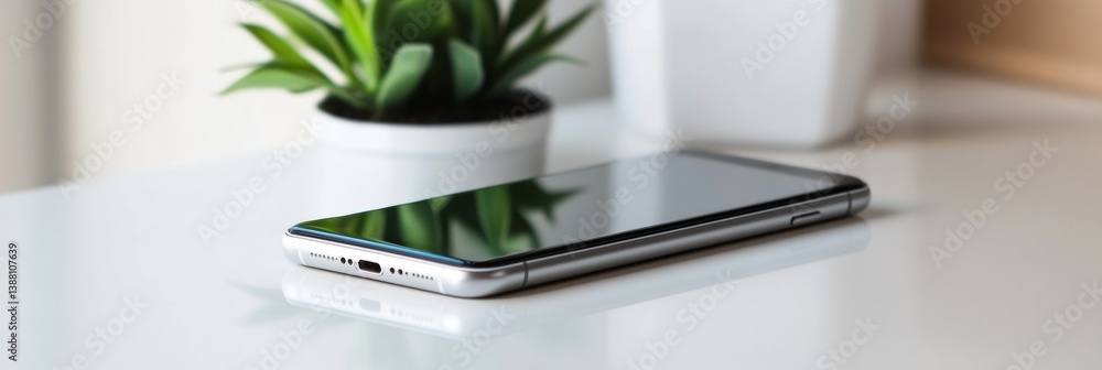 Poster sleek modern smartphone showcased on a clean white surface with soft diffused lighting highlighting 