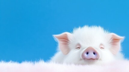 Fototapeta premium White Piglet on Pink Fur Soft Gentle Style High-Resolution Close-up Portrait Fluffy Texture Sleeping Peacefully Blue Background Pastel Sweet Mood Ideal for Calming Imagery