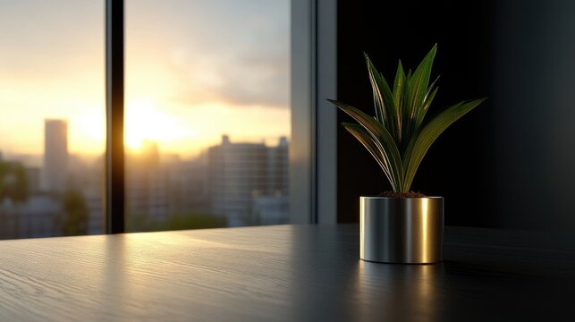 Modern office space with a potted plant at sunset.  Cityscape view through large windows