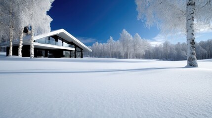 Modern winter home nestled in a snowy landscape