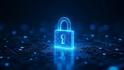 Cyber Security Glowing digital padlock on circuit board ensuring online safety and data protection