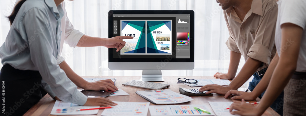 Poster Graphic designer software for modern design of web page and commercial brisk ads showing on the computer screen
