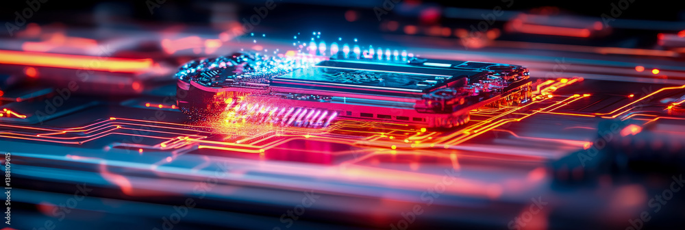 Poster intricate circuit board with glowing pathways: a conceptual representation of advanced technology an