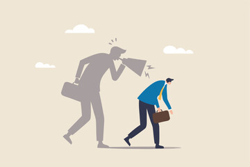 Self criticism, negative critic thinking to blame yourself, guilt or depression to rant or inner anxiety, anger or stress psychology concept, depressed businessman self shadow blame with megaphone.