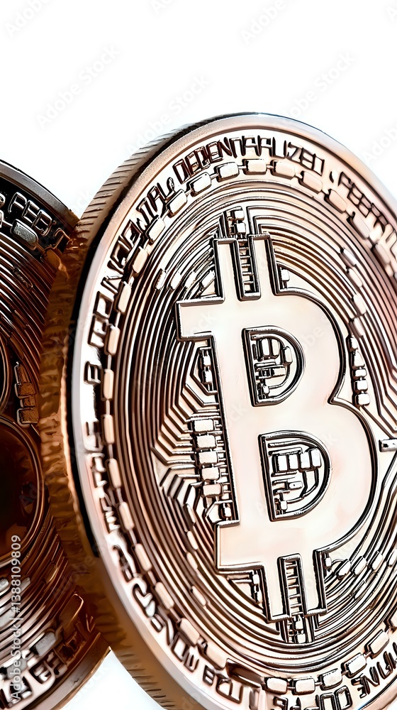 Poster macro view of cryptocurrency coin showing detailed bitcoin symbol and texture pattern in copper meta