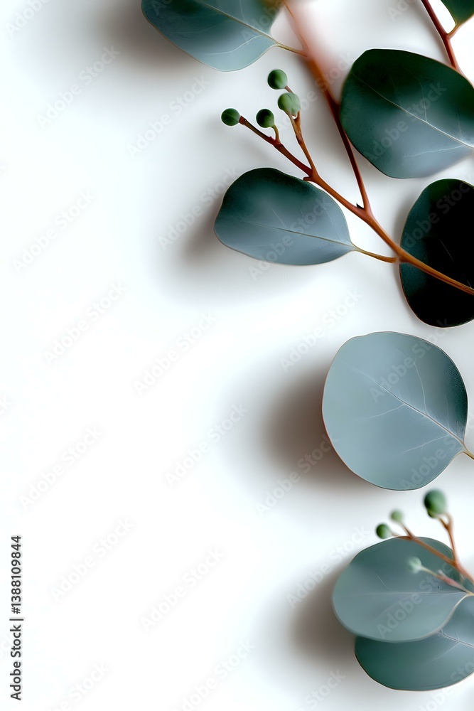 Poster fresh eucalyptus leaves and seed pods arranged on white background creating minimal botanical compos