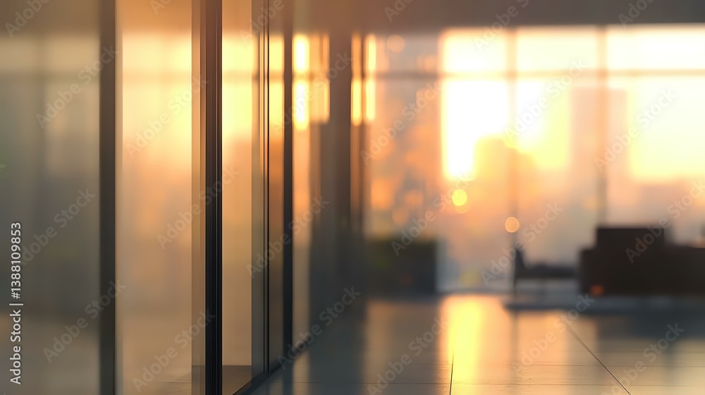 Poster atmospheric sunset view through glass office partition, creating soft bokeh effect with silhouettes 