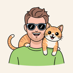 Young Man with Sunglasses Holding Two Cats - Flat Style Pet Vector, National Pet Day holiday design vector illustration.