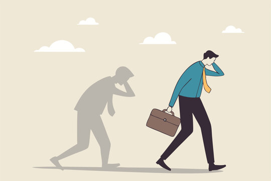 Self criticism, negative critic thinking to blame yourself, guilt or depression to rant or inner anxiety, anger or stress psychology concept, depressed businessman self shadow blame with megaphone.