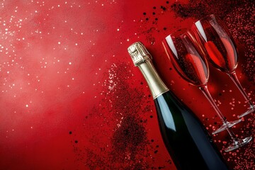 Celebration With Sparkling Wine and Festive Decorations on Red Background
