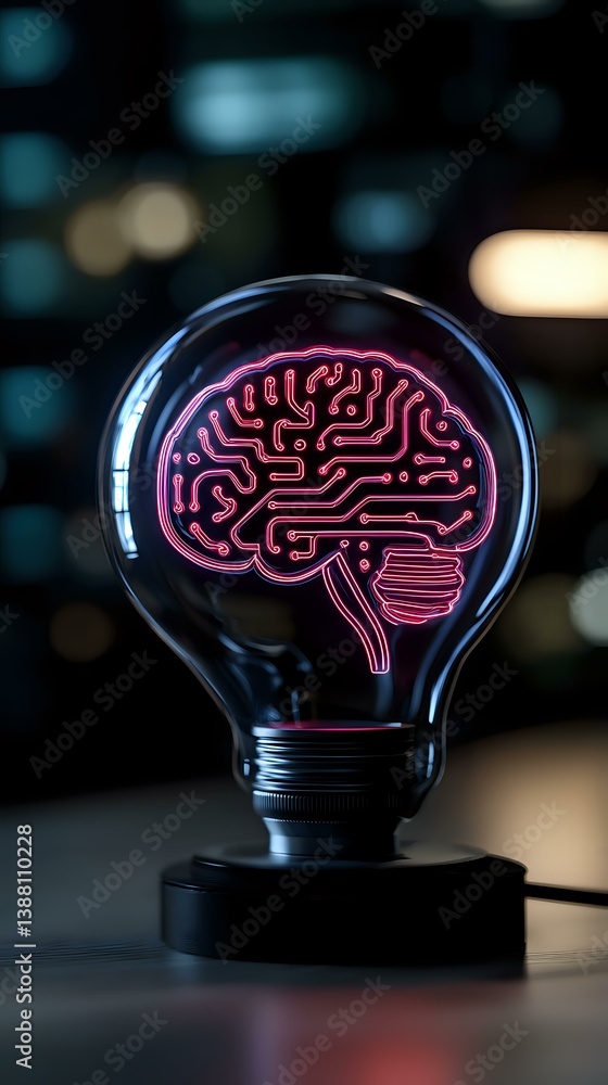 Poster glowing pink neon brain circuit pattern inside light bulb on dark background with bokeh lights, symb