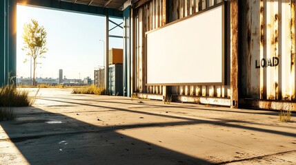Naklejka premium A serene urban container yard at sunset, showcasing a large blank billboard and a single tree, with industrial elements creating an intriguing ambiance.