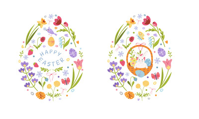 Happy Easter, Easter greeting card, modern design, banner. Hand drawn Eggs with a pattern, rabbit, flowers and a basket. Bright festive design.