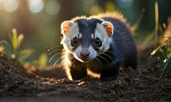A close-up of a ferret in a natural setting, illuminated by soft sunlight.