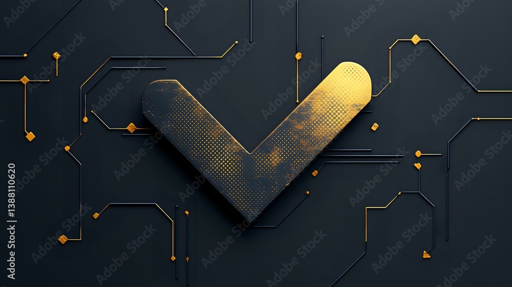 Poster metallic gold arrow symbol on dark circuit board pattern background with glowing connection points a