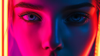 Close up of a woman's face illuminated with neon pink and blue lights creating a vibrant contrast