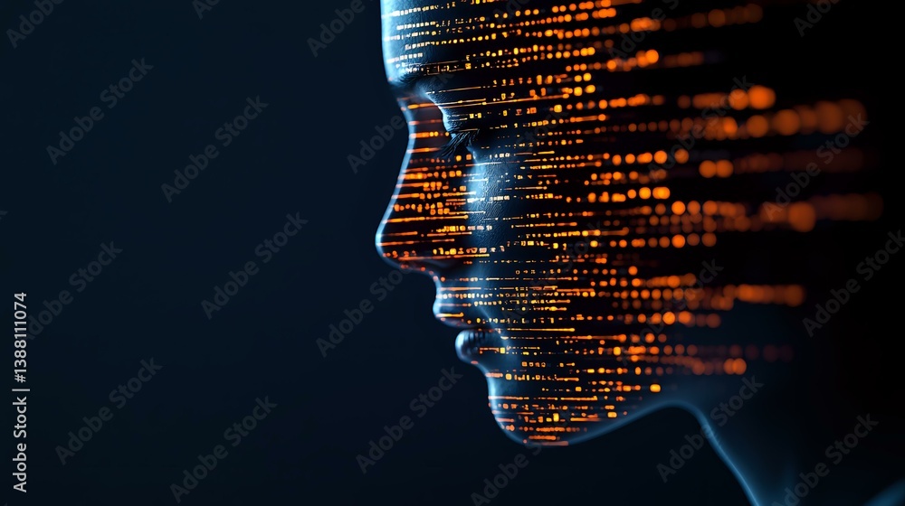Poster digital profile silhouette with glowing orange code pattern overlay against dark background, represe