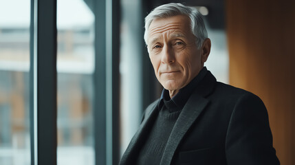 Elderly businessman with silver hair, standing confidently in a corporate office, experience and wisdom concept